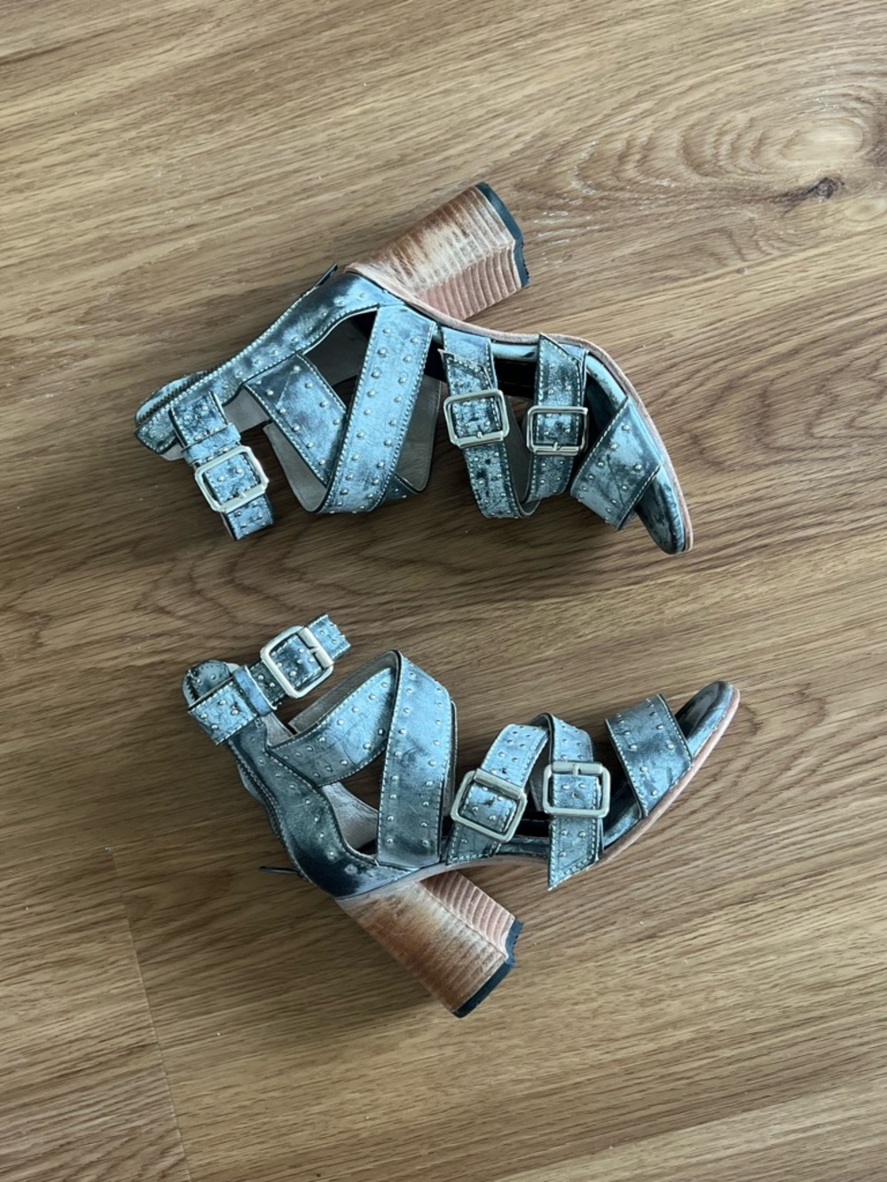 freebird Tanica Metallic Silver Studded Strappy Block Heel Sandals